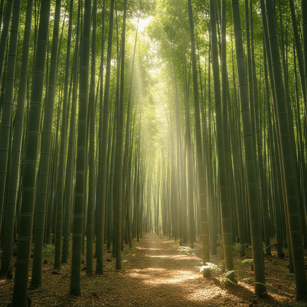 bamboo forest with tall green stalks growing in sunlight