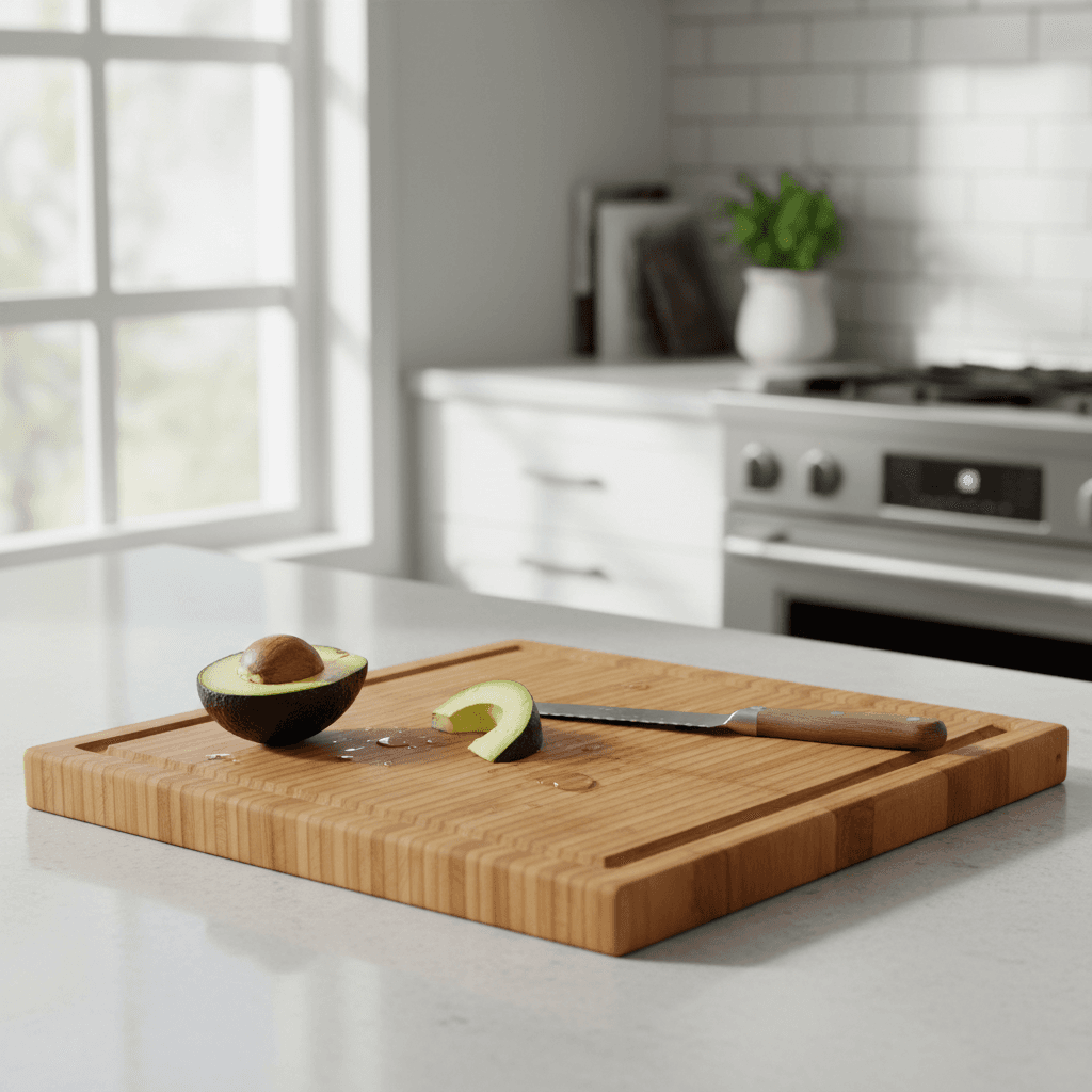 Bamboo cutting board on counter