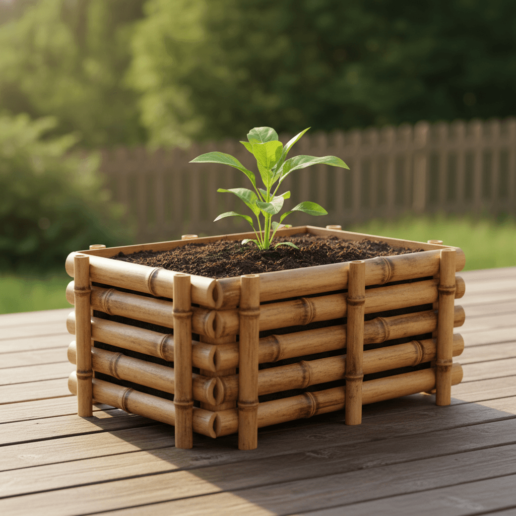 Bamboo garden planter with soil and plant on sunlit wooden deck