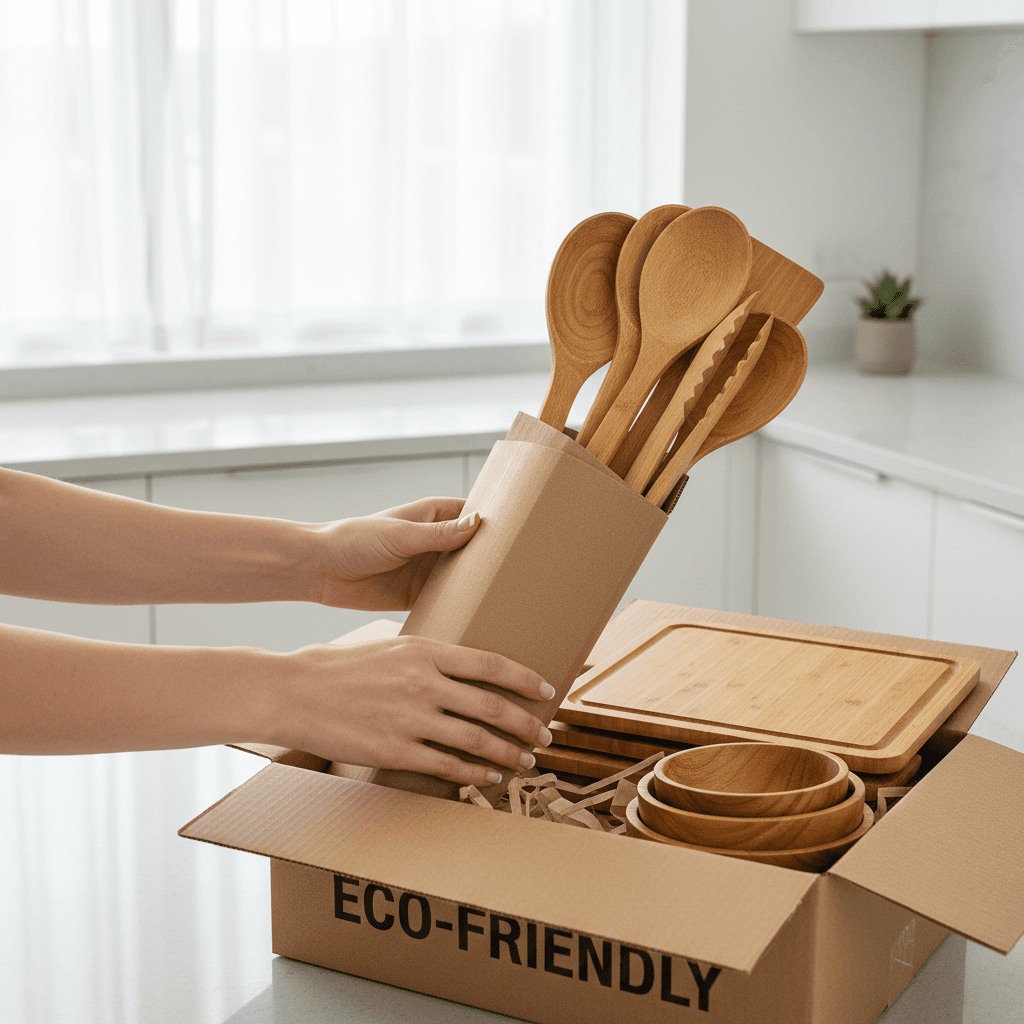 Hands unpacking eco-friendly bamboo kitchen accessories from a cardboard box in a modern kitchen.