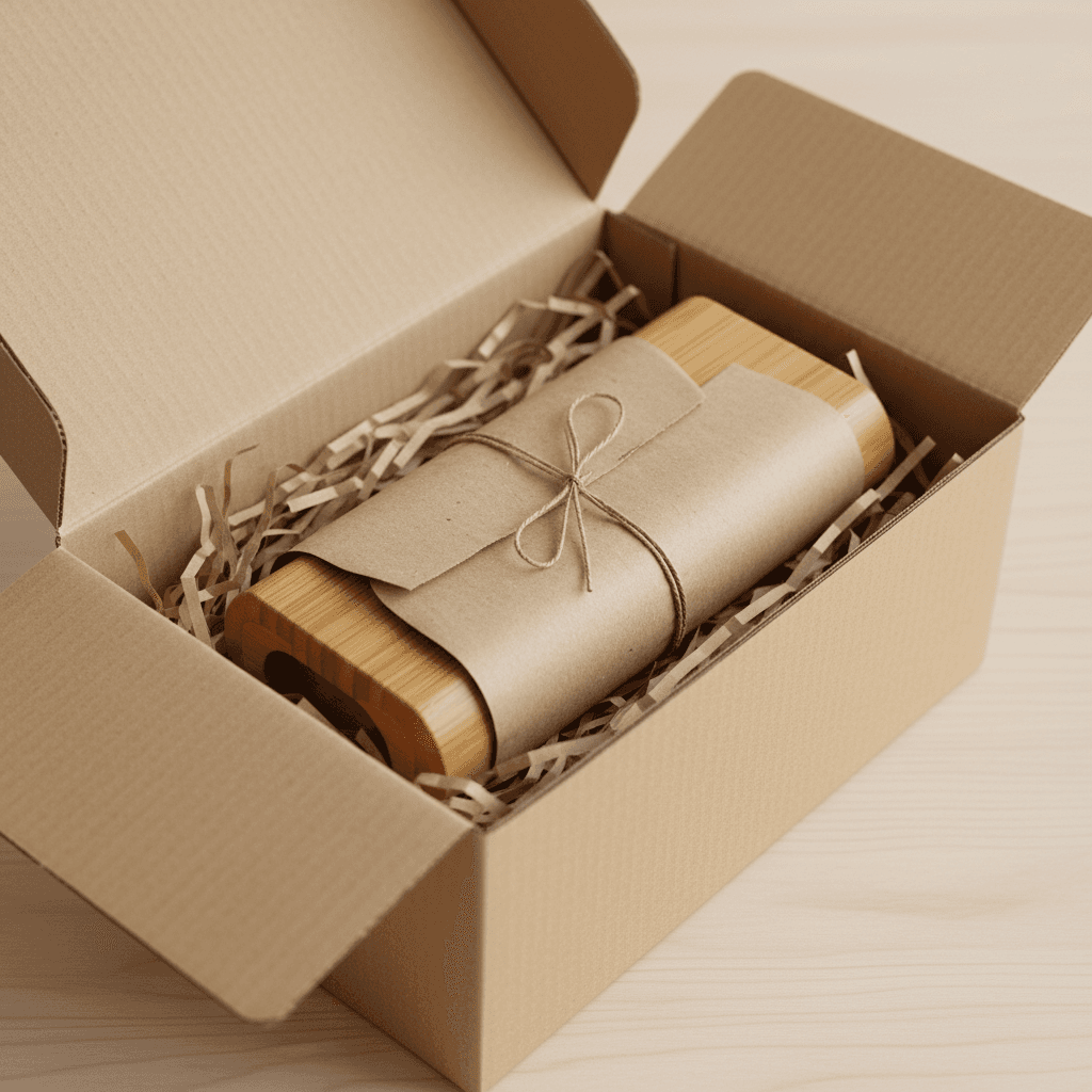 bamboo product wrapped in kraft paper inside cardboard box