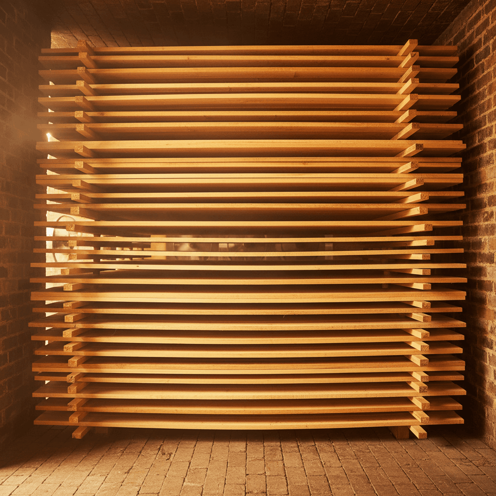 bamboo planks stacked in drying kiln process warm amber light
