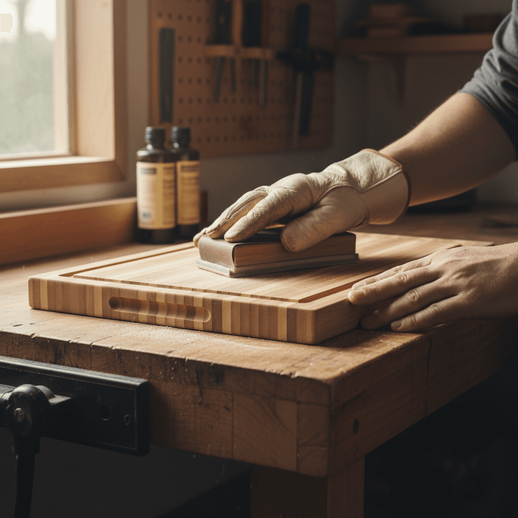 hand sanding bamboo cutting board with fine grit sandpaper