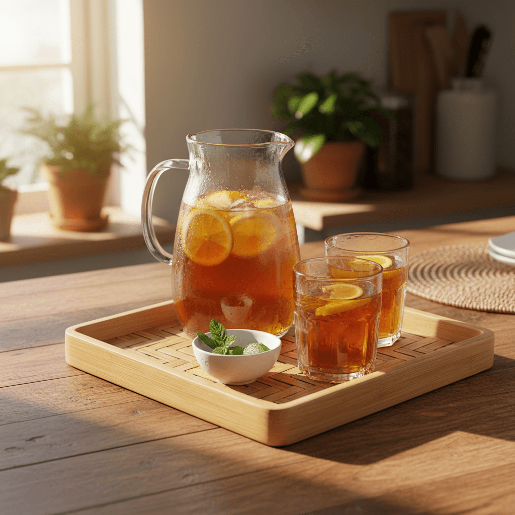 Bamboo serving tray with drinks