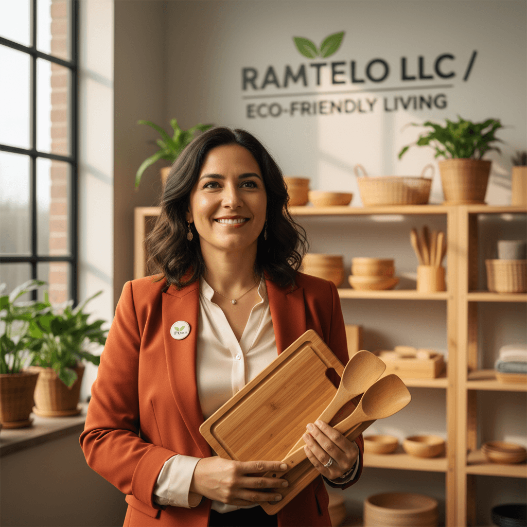 Elena Marquez, founder of Ramtelo LLC, holding a bamboo product in a well-lit office