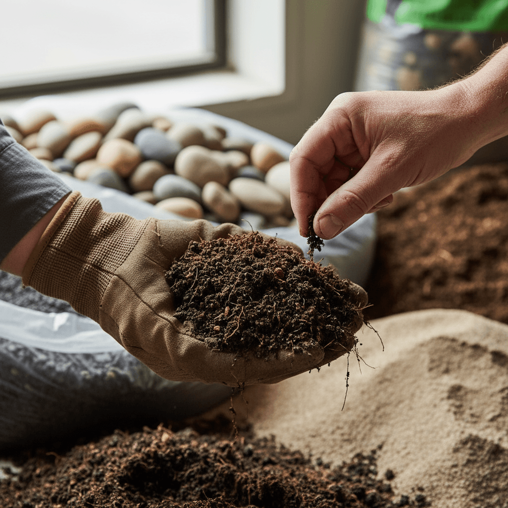 A hand using a bamboo garden trowel in soil