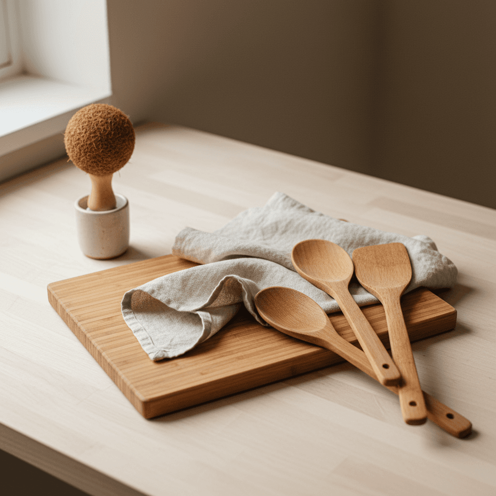 Bamboo kitchen accessories arranged on a clean countertop