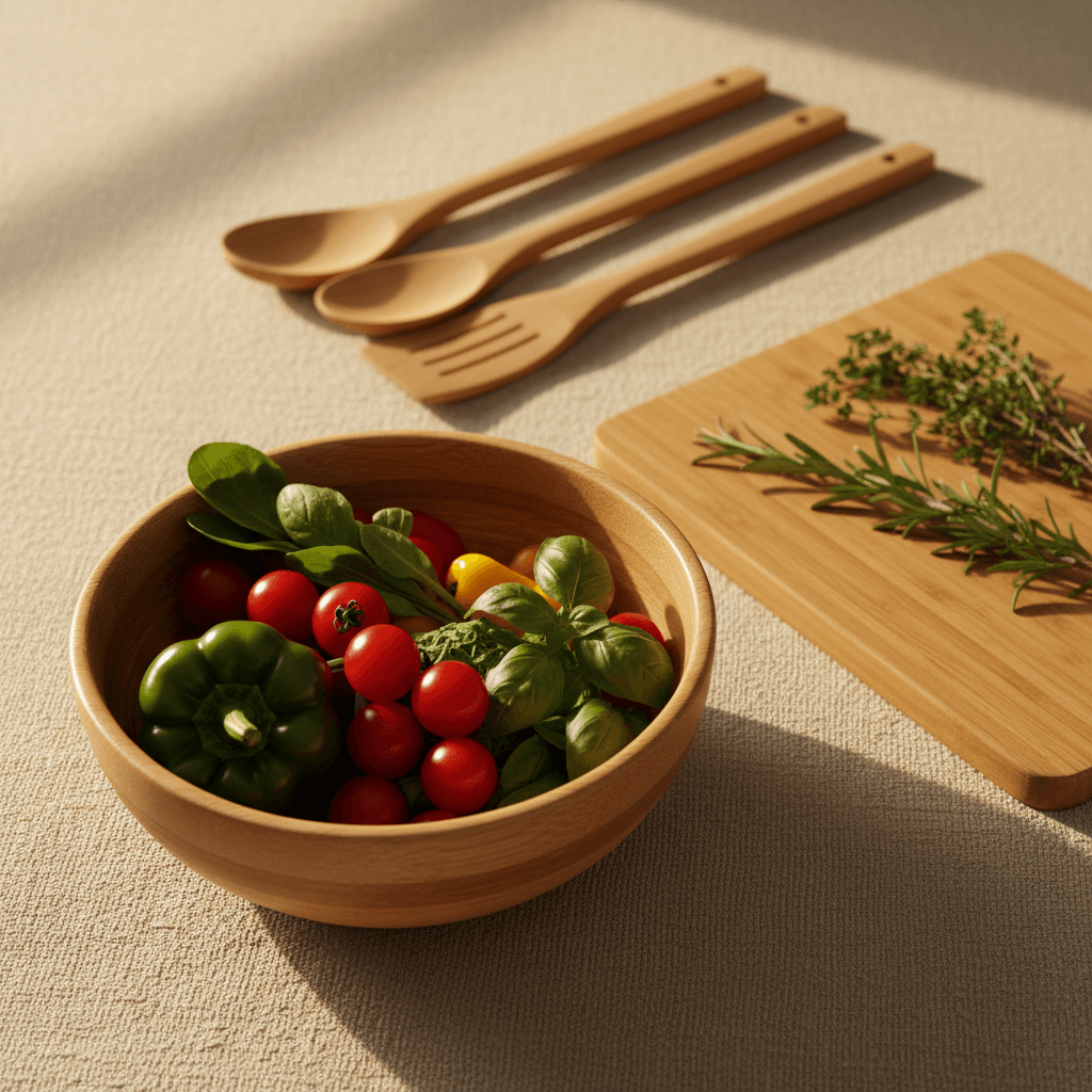 Bamboo cutting board on a kitchen counter
