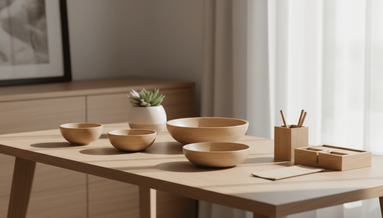 Bamboo planters on a wooden shelf in a bright modern home