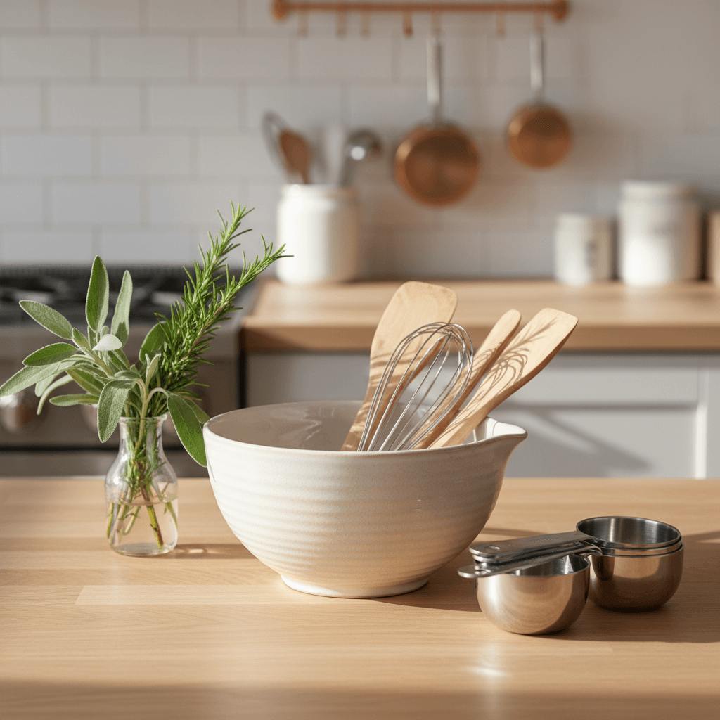 Clean modern bamboo kitchen utensil set arranged neatly on countertop