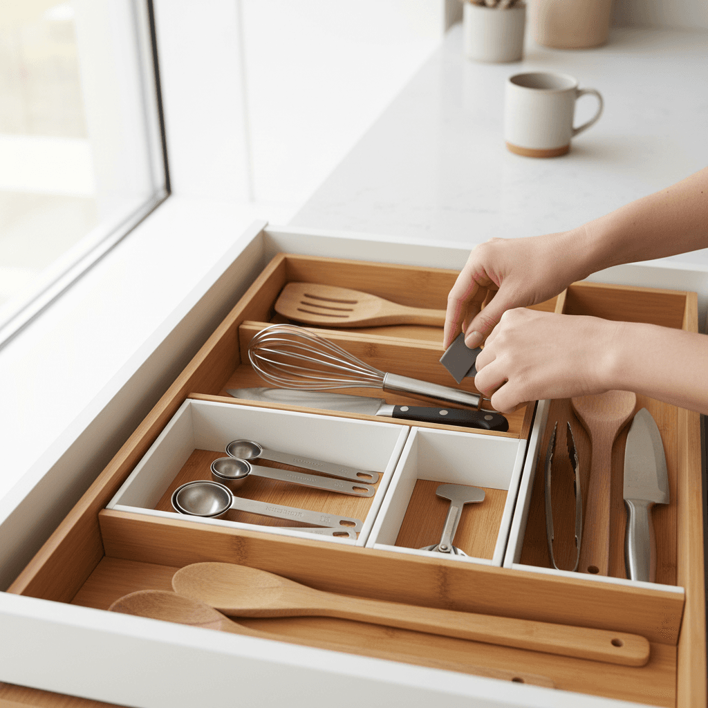 Bamboo shelf organizer in a bathroom