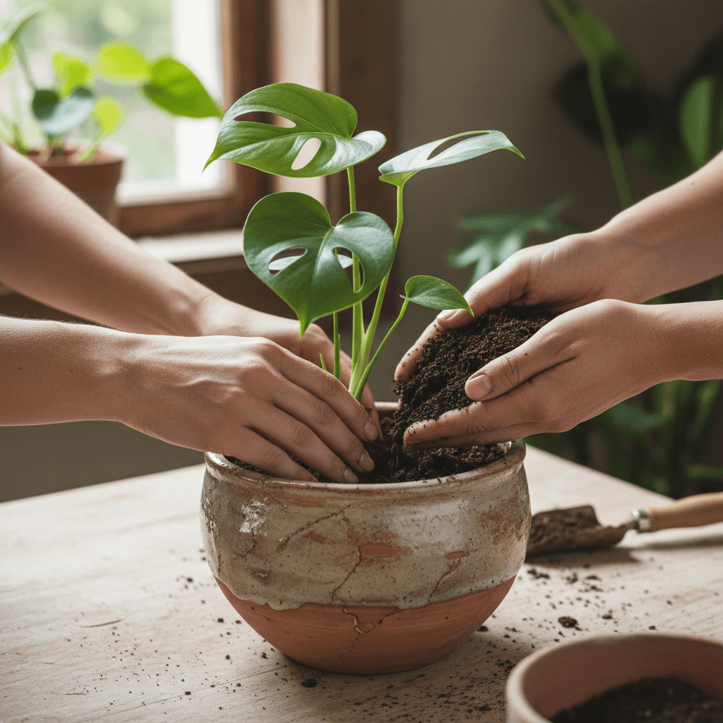 Bamboo plant pot on a windowsill