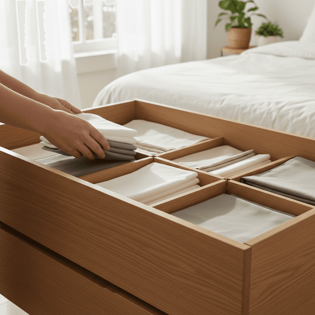 A bamboo storage basket with lid on a dresser